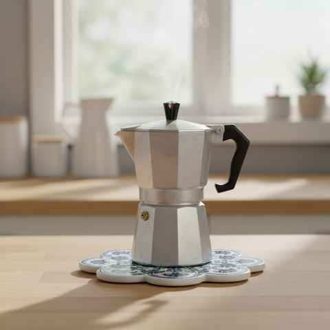 Sottopentola fiore bianco mandala blu/turchese - lifestyle con moka