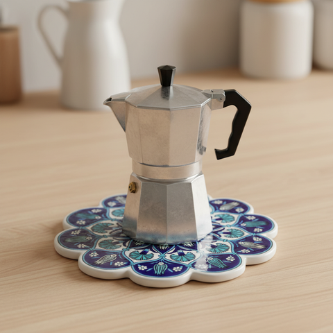 Sottopentola fiore blu cobalto Iznik tulipani/turchese - lifestyle con moka