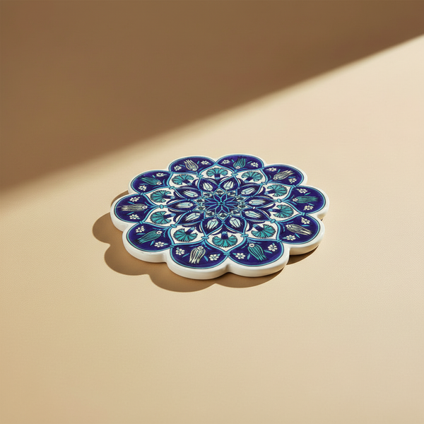 Sottopentola fiore blu cobalto Iznik tulipani/turchese - sfondo beige
