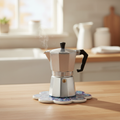 Sottopentola fiore blu navy swirl turchese - lifestyle con moka