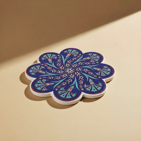 Sottopentola fiore blu navy swirl turchese - sfondo beige