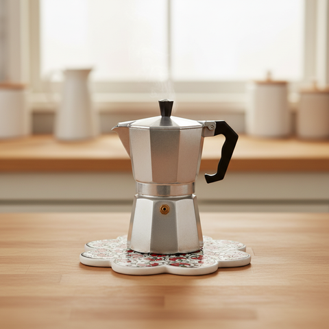 Sottopentola fiore garofani rossi - lifestyle con moka