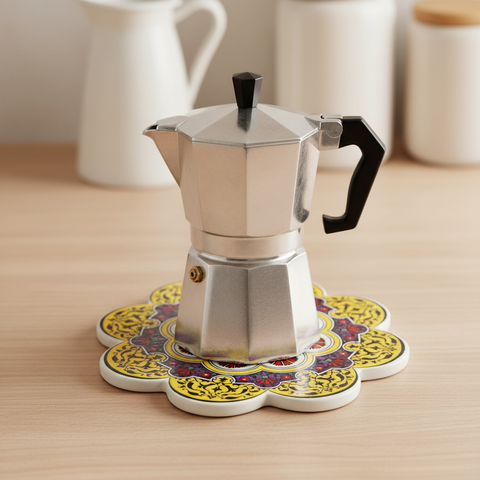 Sottopentola fiore giallo oro arabeschi/viola/bianco - lifestyle con moka