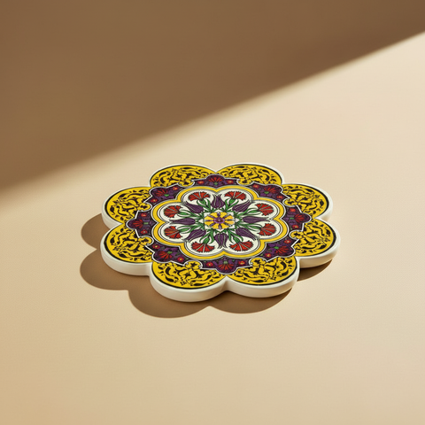 Sottopentola fiore giallo oro arabeschi/viola/bianco - sfondo beige