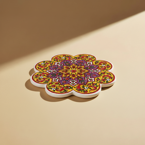 Sottopentola fiore giallo oro/viola/rosso - sfondo beige