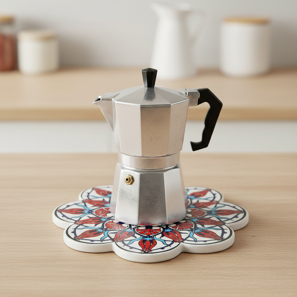 Sottopentola fiore mandala tulipani rossi/turchese - lifestyle con moka
