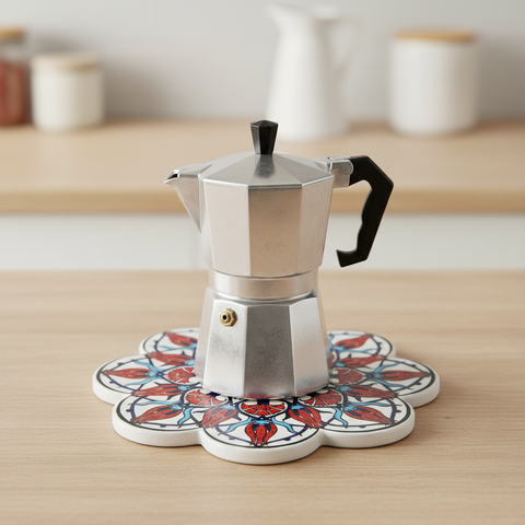Sottopentola fiore mandala tulipani rossi/turchese - lifestyle con moka