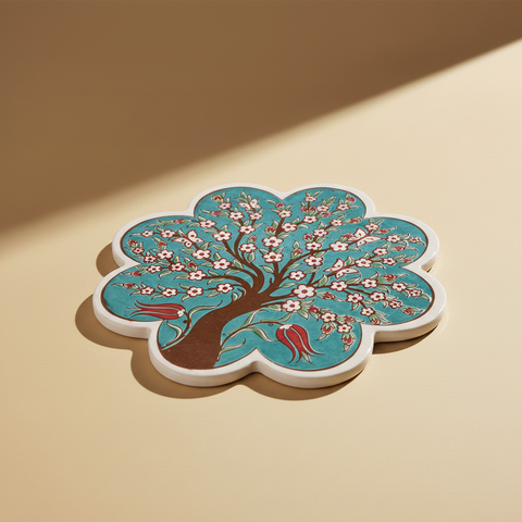 Sottopentola fiore turchese albero della vita - sfondo beige