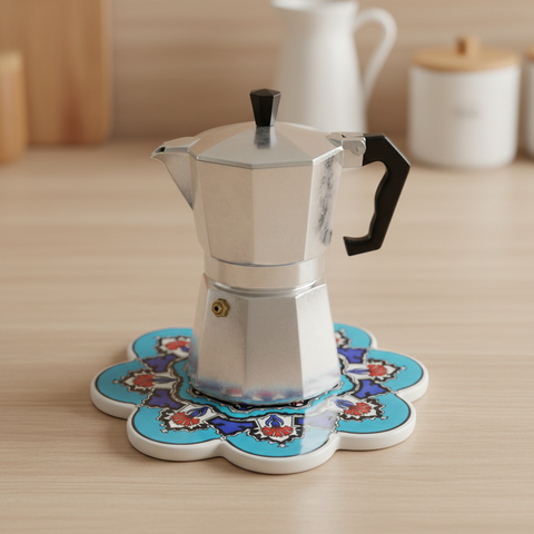Sottopentola fiore turchese mandala concentrico - lifestyle con moka