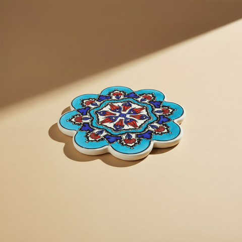 Sottopentola fiore turchese mandala concentrico - sfondo beige