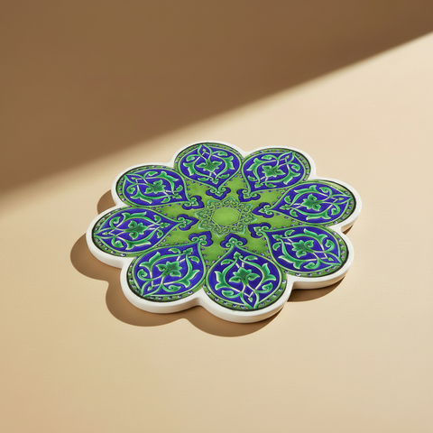 Sottopentola fiore verde/blu cobalto arabeschi - sfondo beige