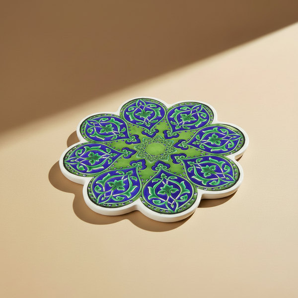 Sottopentola fiore verde/blu cobalto arabeschi - sfondo beige