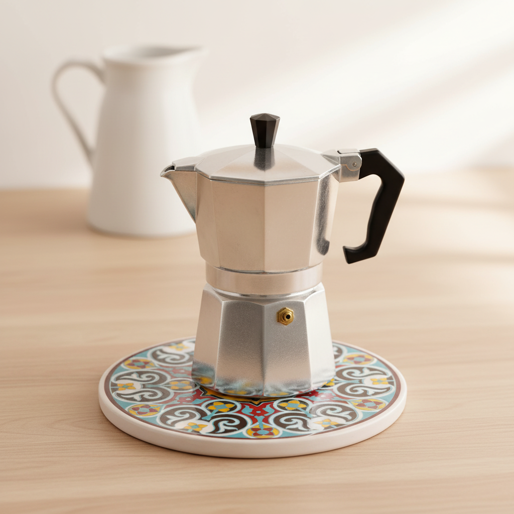Sottopentola rotondo azzurro volute brown/giallo - lifestyle con moka