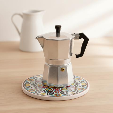 Sottopentola rotondo azzurro volute brown/giallo - lifestyle con moka
