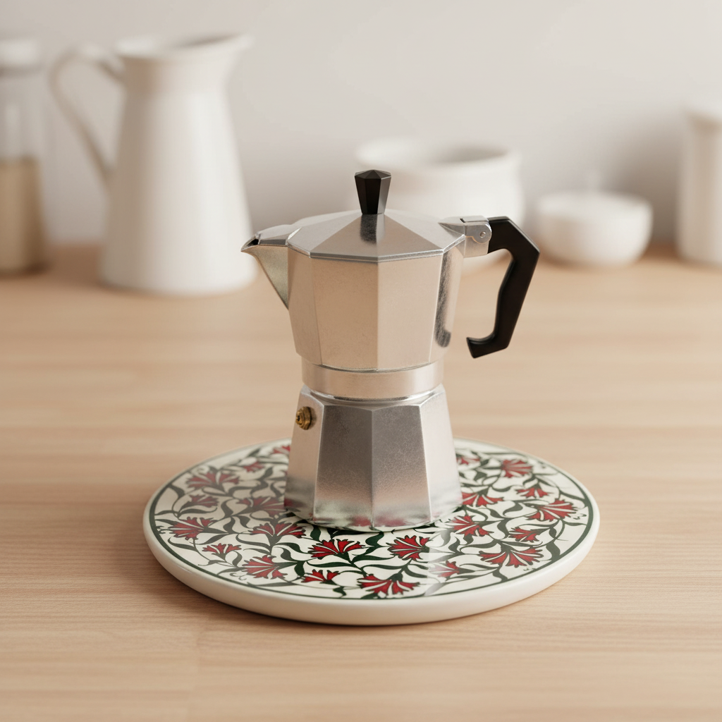 Sottopentola rotondo bianco garofani rossi/verde scuro - lifestyle con moka