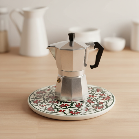 Sottopentola rotondo bianco garofani rossi/verde scuro - lifestyle con moka