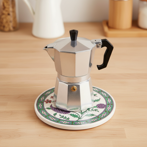 Sottopentola rotondo botanico bianco/verde/rosso/uva - lifestyle con moka