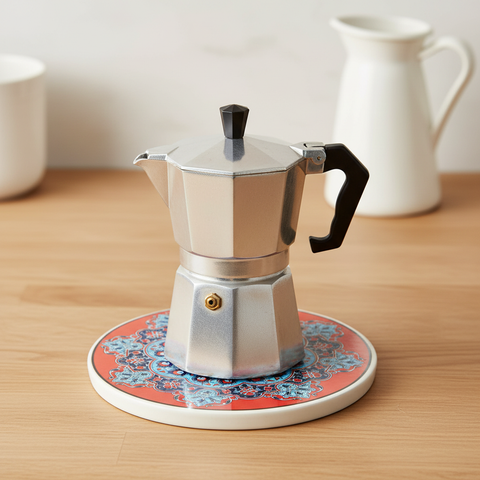 Sottopentola rotondo rosso/turchese medaglione arabeschi - lifestyle con moka