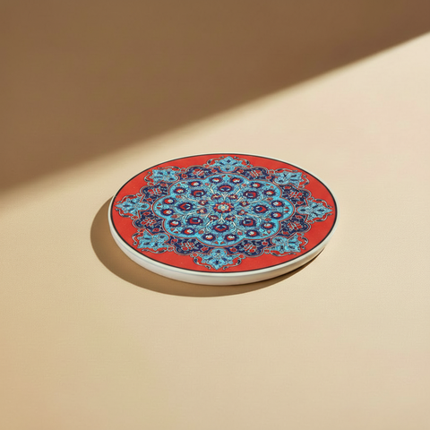 Sottopentola rotondo rosso/turchese medaglione arabeschi - sfondo beige