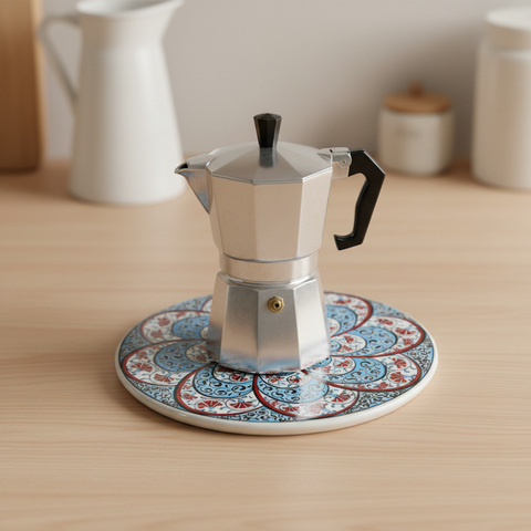 Sottopentola rotondo spirale turchese/bianco arabeschi/garofani - lifestyle con moka