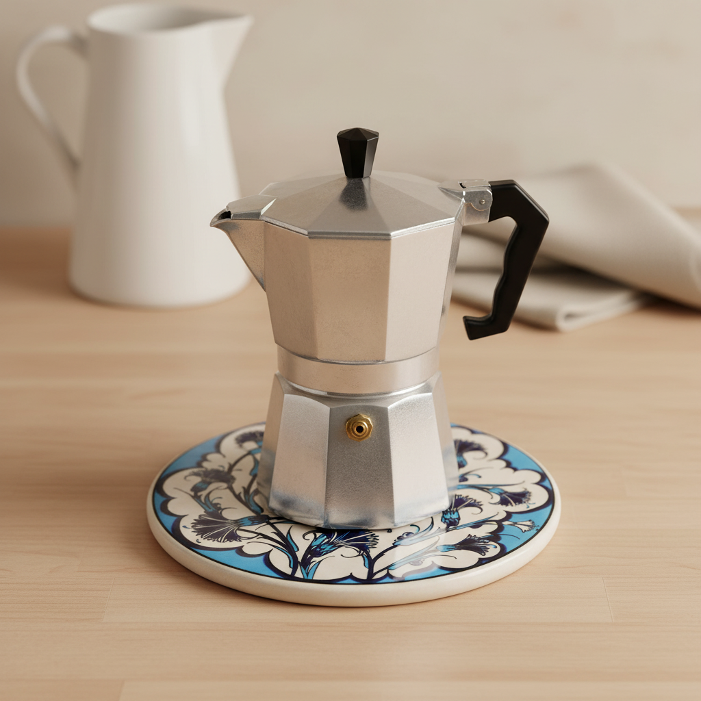 Sottopentola rotondo turchese/bianco garofani navy - lifestyle con moka