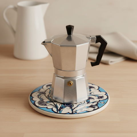 Sottopentola rotondo turchese/bianco garofani navy - lifestyle con moka