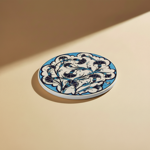 Sottopentola rotondo turchese/bianco garofani navy - sfondo beige