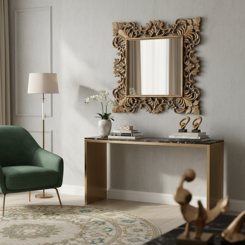 Specchio Durian intarsiato oro/bronzo in ambiente