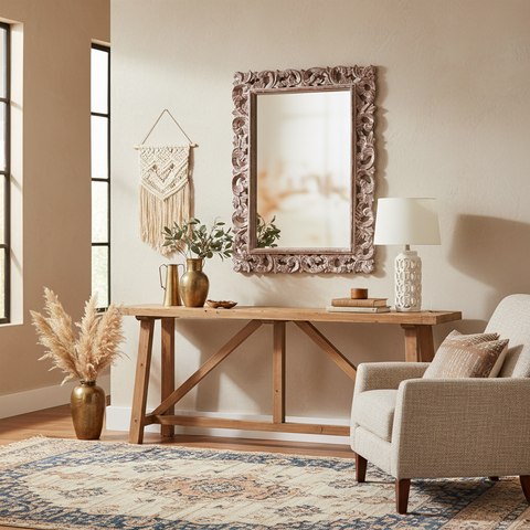 Specchio in legno intarsiato in ambiente