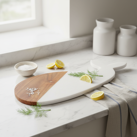 Tagliere balena legno marmo bianco ambientato