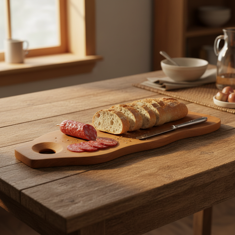 Tagliere lungo teak con pane e salumi