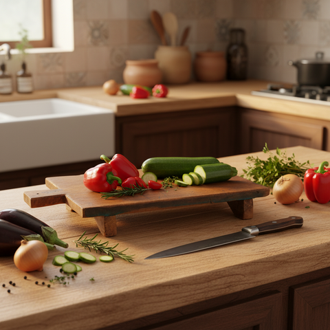 Tagliere teak grande con verdure in cucina