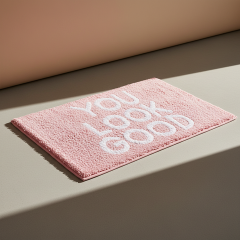 Tappetino rosa You Look Good su sfondo neutro