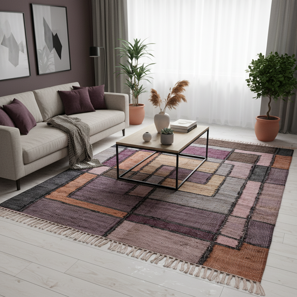 Tappeto patchwork geometrico viola grigio 240x160 ambientato