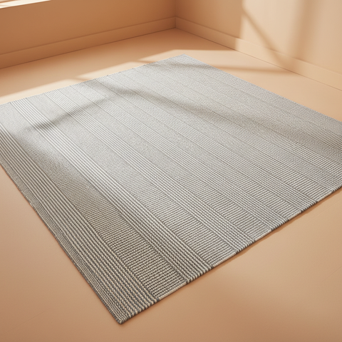 Tappeto righe grigio bianco su pavimento beige