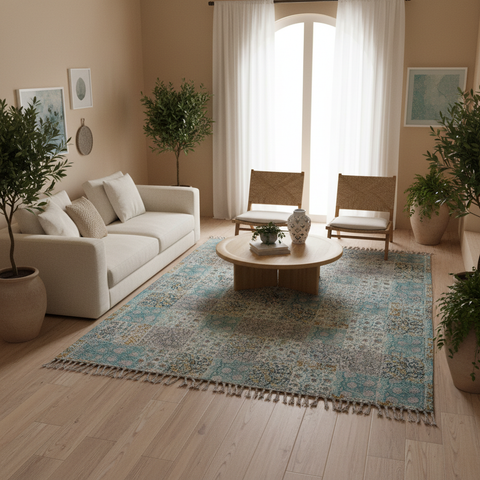 Tappeto Tabarka patchwork azzurro in salotto