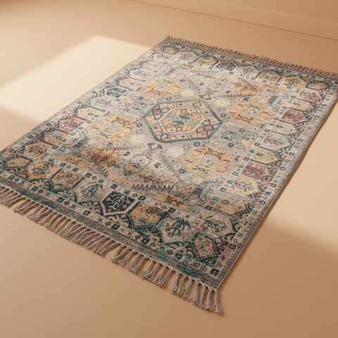 Tappeto vintage persiano su pavimento beige