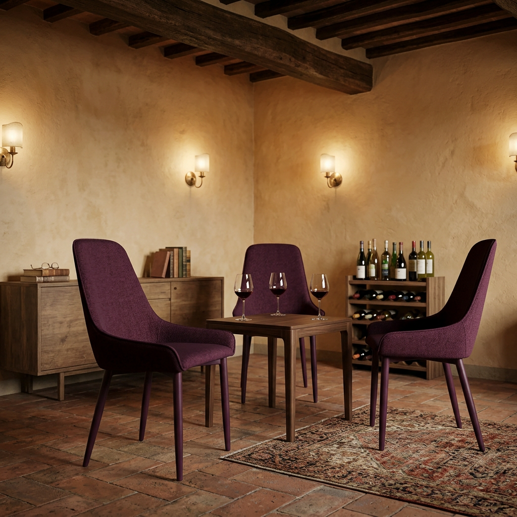 Taverna di casa con sedie bordeaux e calici di vino rosso