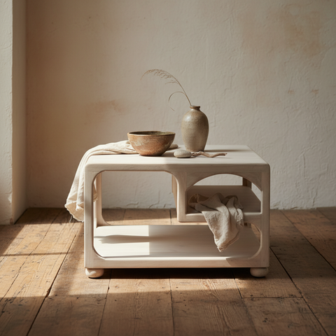 Tavolino bianco stile wabi-sabi
