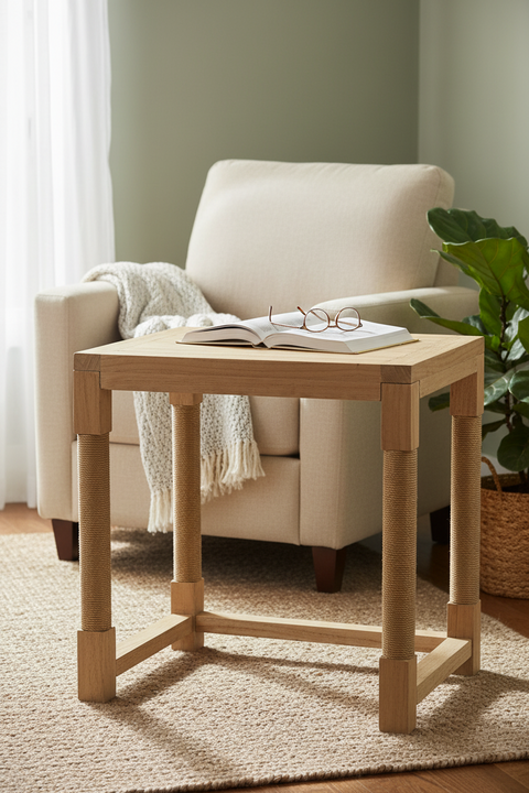 MESA DE CENTRO CON PATAS REVESTIDAS EN CUERDA