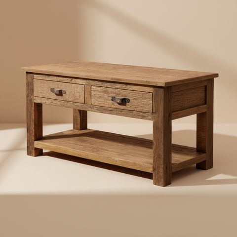 Tavolino da caffè rustico su sfondo neutro