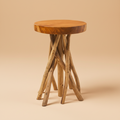 Tavolino in legno naturale su sfondo neutro