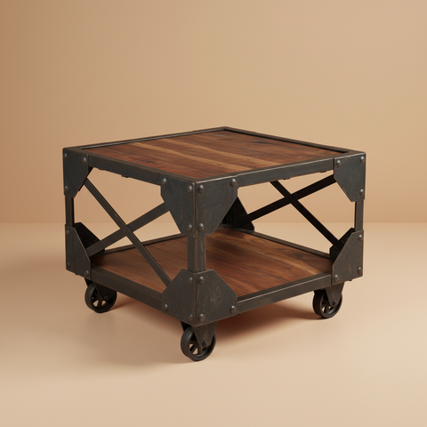 Tavolino industrial ruote sfondo beige ombre forti