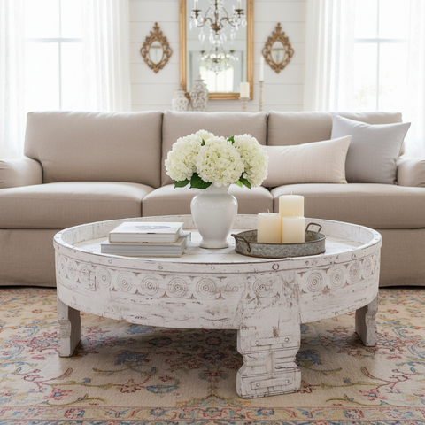 Chapati - tavolino basso rotondo bianco decapato - originale