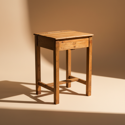 Tavolino rustico con cassetto sfondo neutro