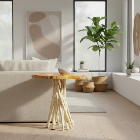 Craftsman - Tavolino Tondo Legni Assemblati Con Gambe Teak