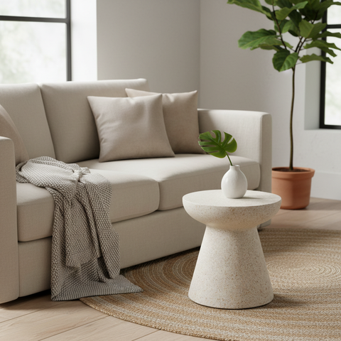 Tavolino terrazzo a fungo in ambiente moderno