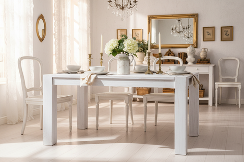 Tavolo da Pranzo Bianco Dipinto a Mano con Prolunghe a Scomparsa