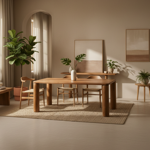 Tavolo in legno con sedie esteso