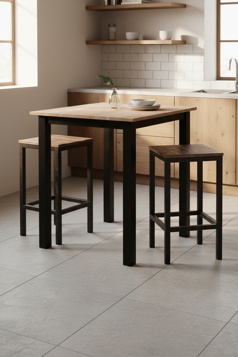 Tavolo mostrato per intero con sgabelli